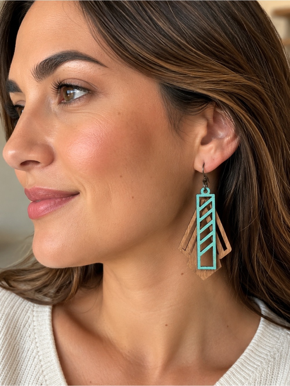 Turquoise & Natural Wood Geometric Drop Earrings - Women Jewelry